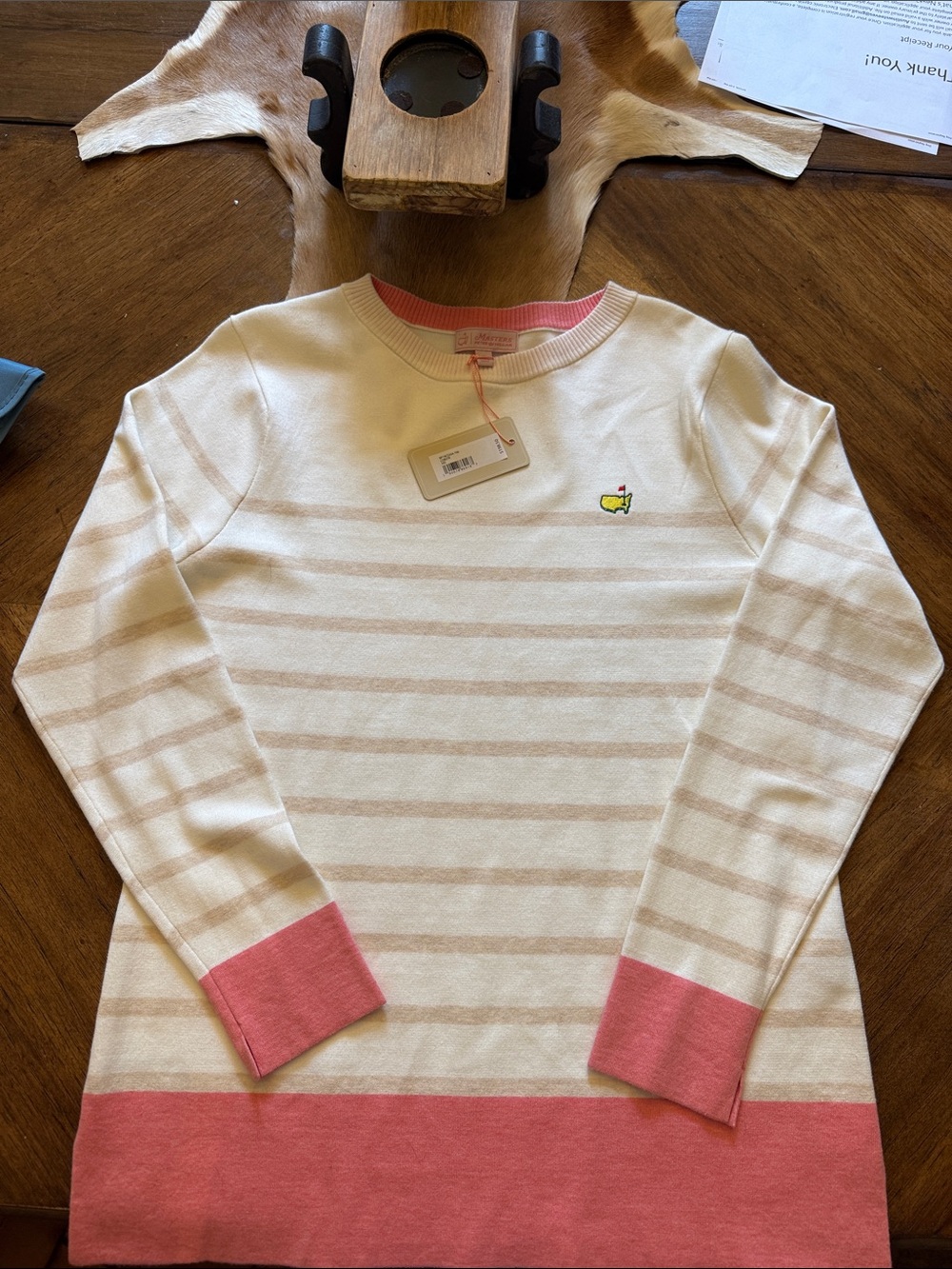 NWT MASTERS Peter Millar Cream & Pink Striped Crewneck Sweater